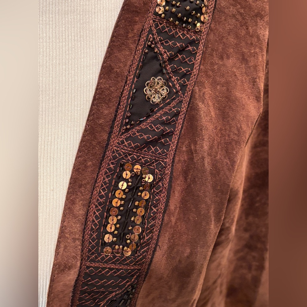 Chico's Brown Leather Suede Open Front Jacket with Beaded & Sequin Embellishment - Picture 3 of 5